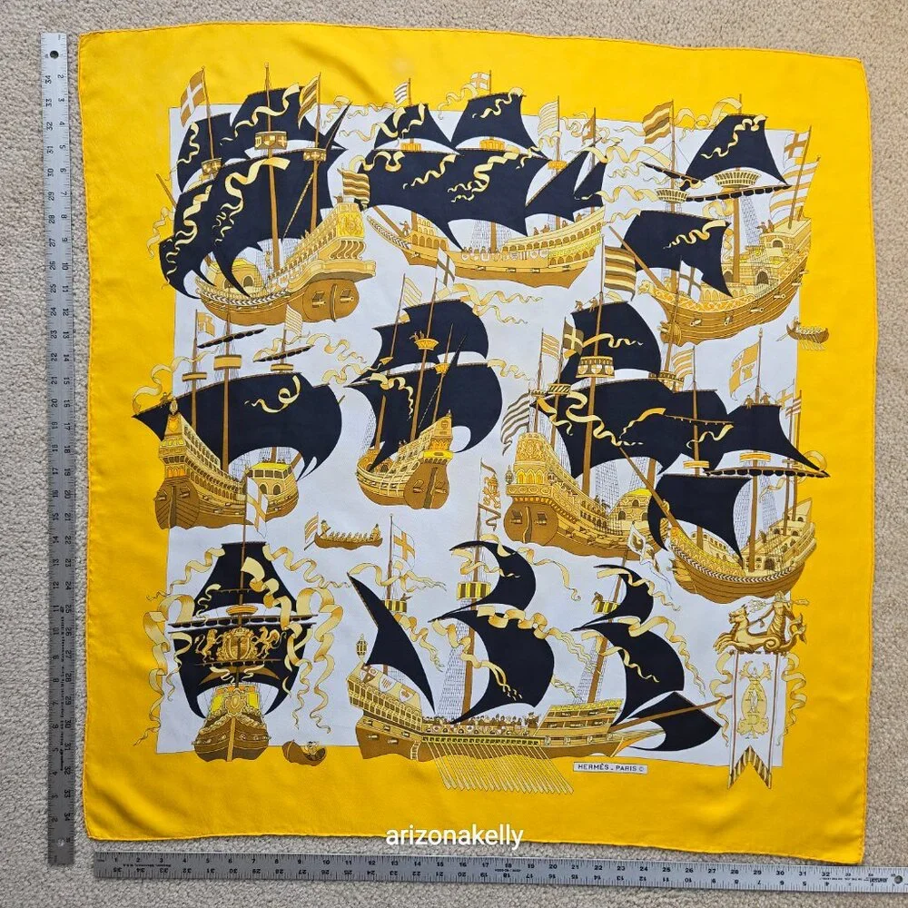 Hermès "Armada" Vintage Yellow Silk Scarf Hand Rolled Carre 90 Nautical Ships - Picture 3 of 16
